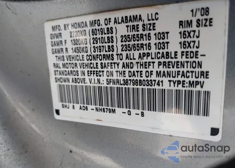 2008 Honda Odyssey Ex-L z USA, uszkodzony, nr VIN 5FNRL38798B033741